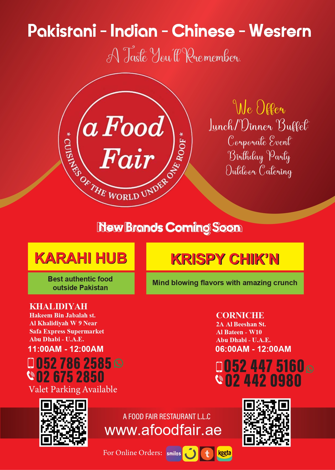 Diverse cuisine offerings and contact details